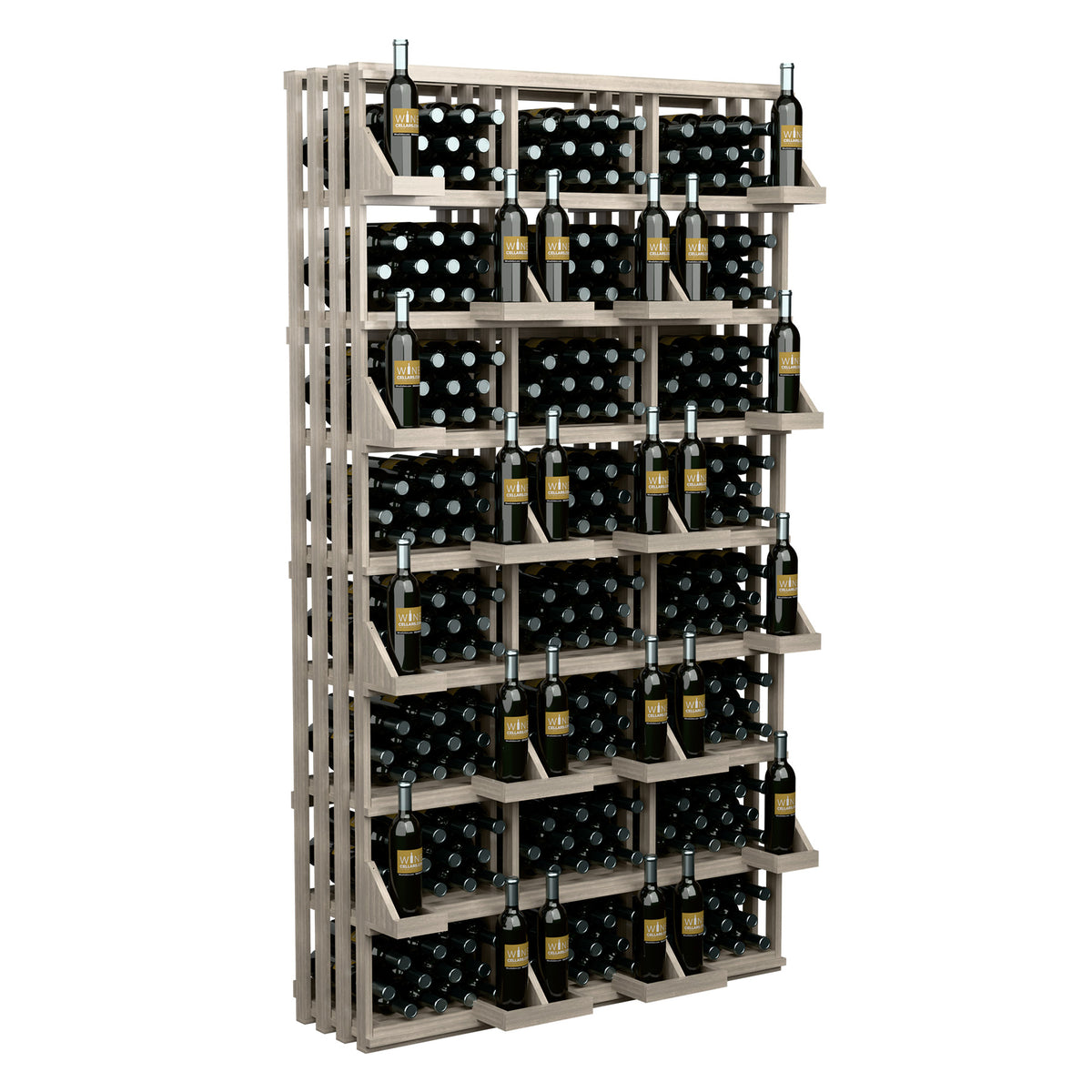 Light-to-medium wood wine bottle wall display rack with multiple bottle rows.