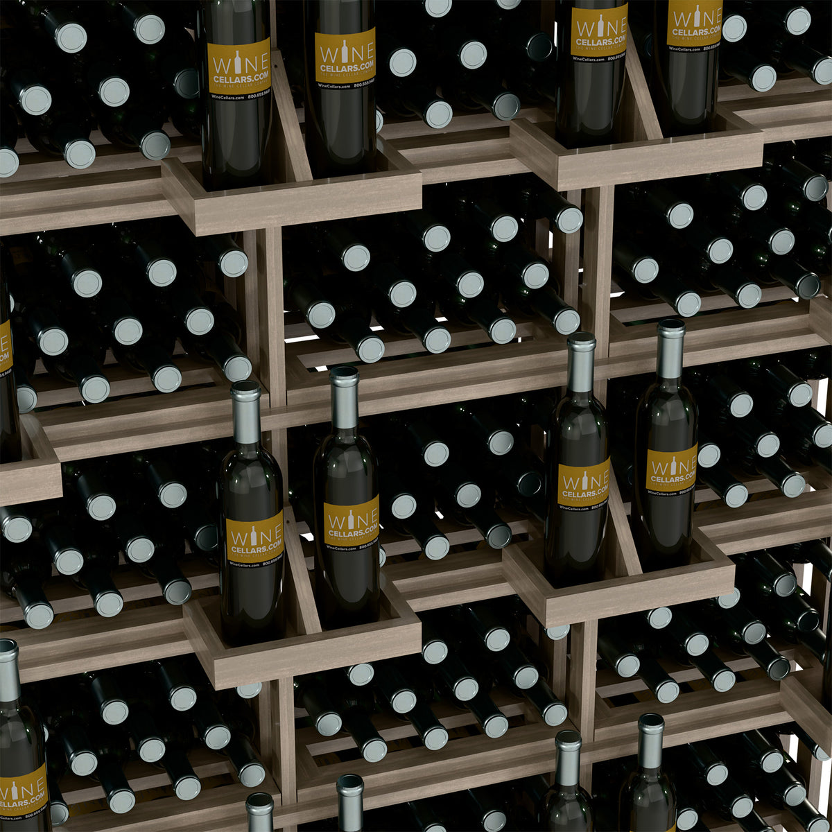 Close-up view of wooden wine bottle display with dark bottles in shelf rows.
