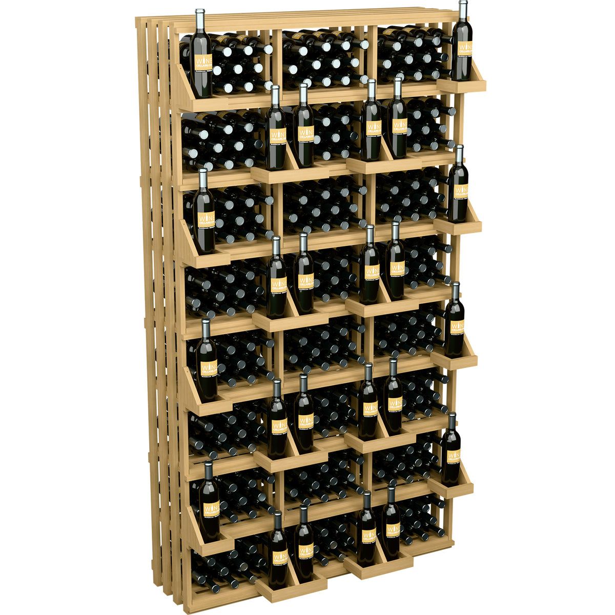 Light wood wine bottle wall display rack with several shelf levels of black bottles