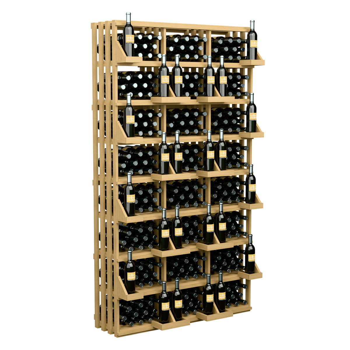 312-bottle commercial wall wine display with stacked wooden shelves and bulk bin rows