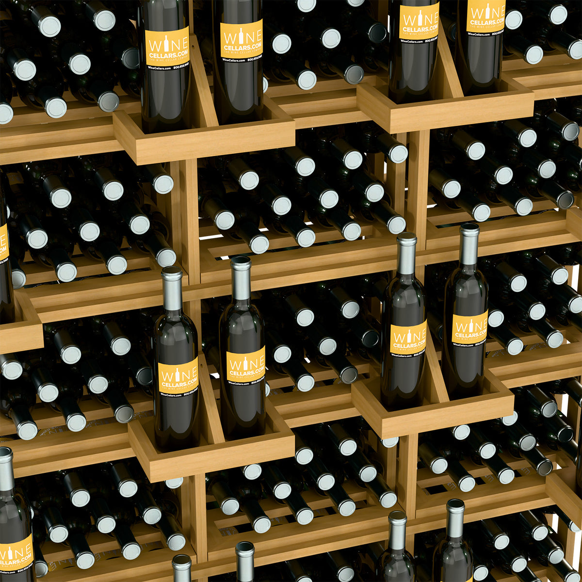 Natural wood commercial wine display with bottle shelves and angled bulk bin compartments