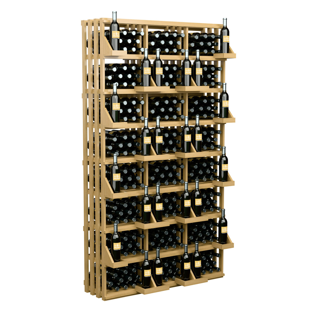 Light wood wine bottle display rack with several tiers of dark bottles and holders.