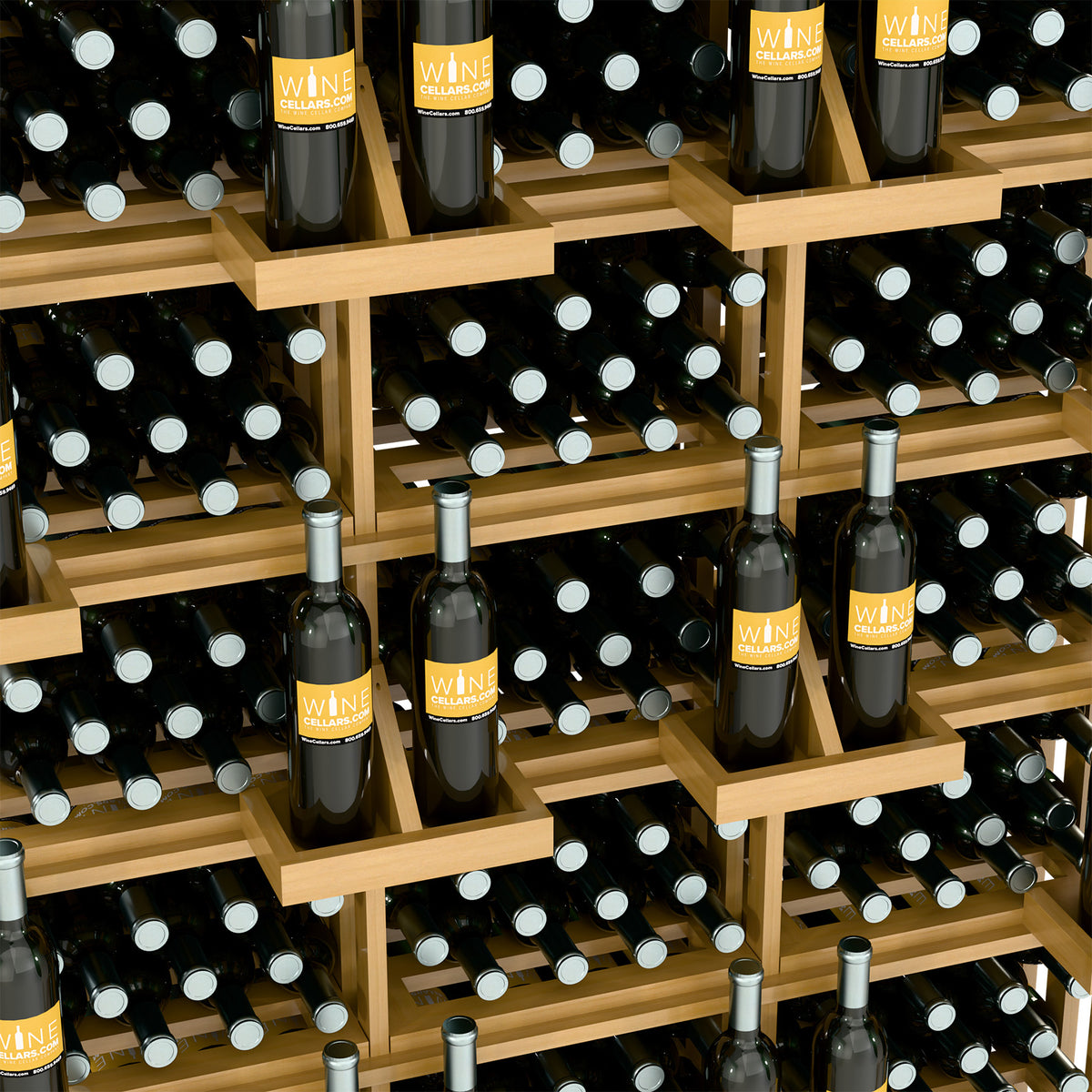 Wood wine bottle wall display with open bulk bins, bottles arranged in grid
