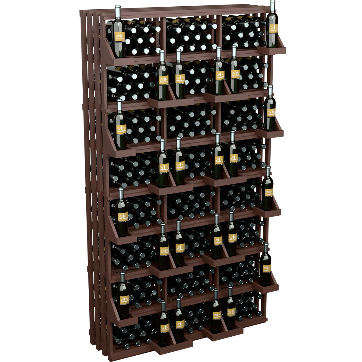 Brown wood wine bottle display rack with stacked shelves holding bottles