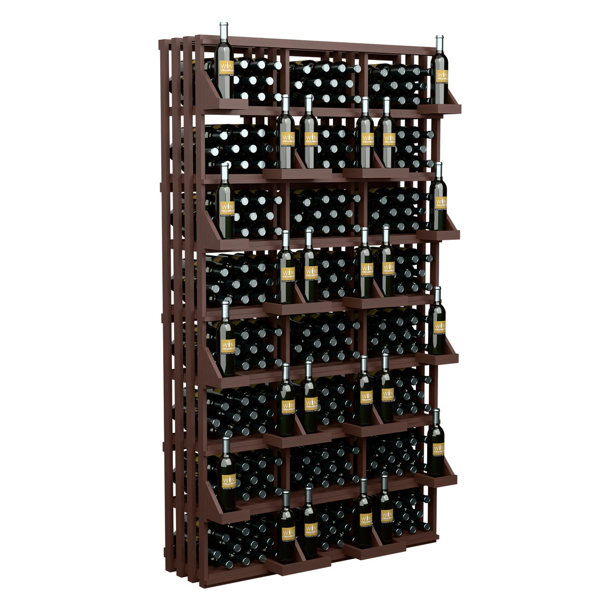 Red-brown commercial wall wine display rack with stacked bottle shelves and full bottle slots