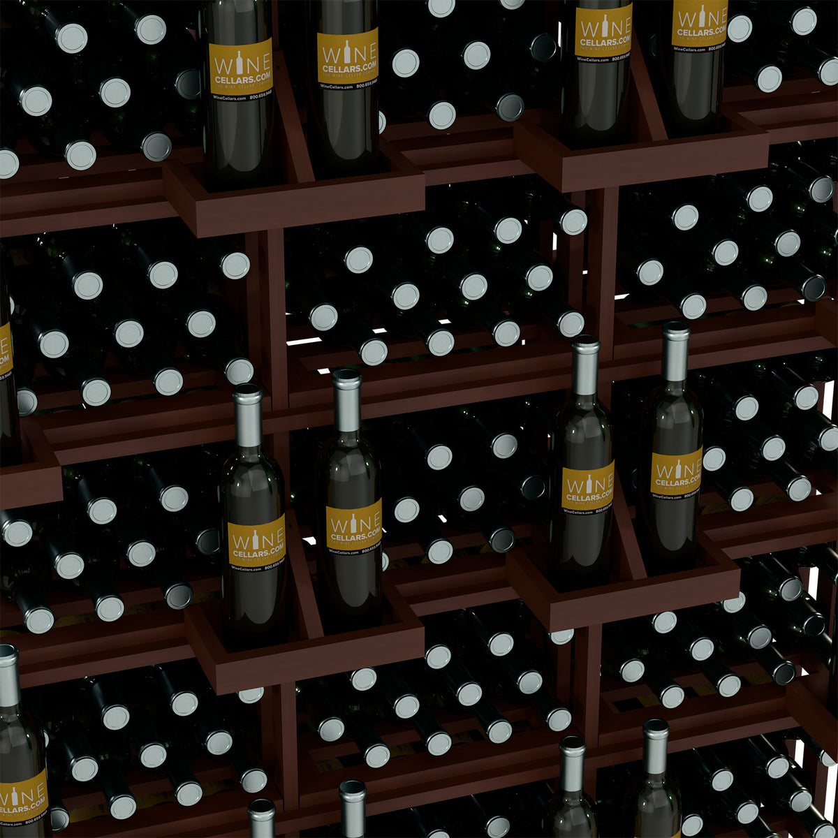 Dark wood wine bottle wall display rack with several bottle levels