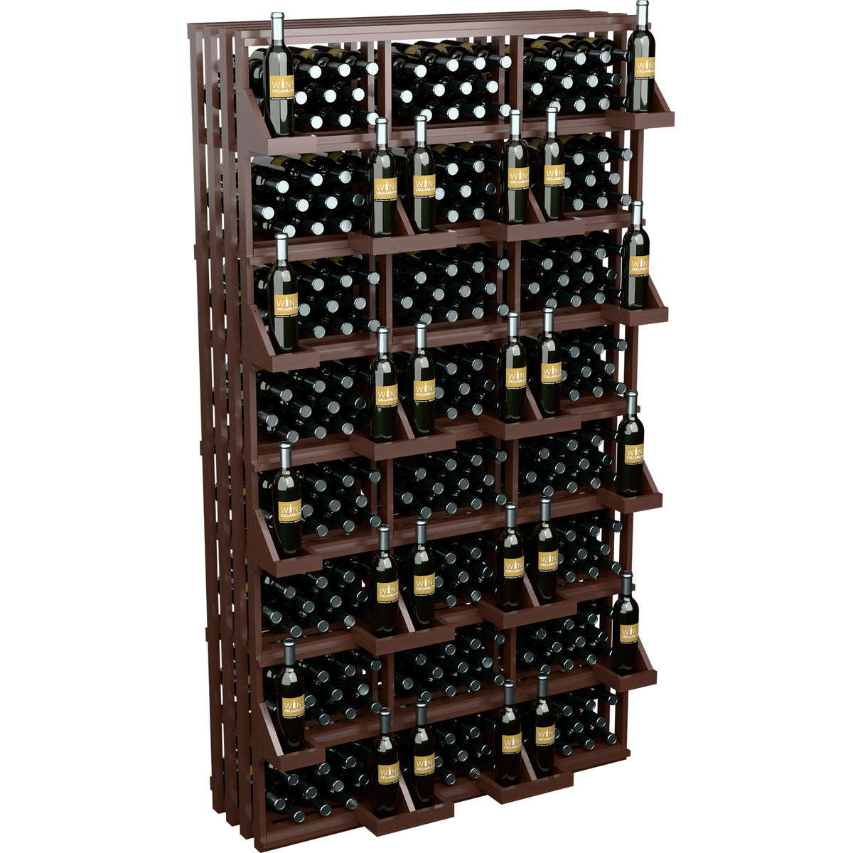 Dark wood wine bottle display rack with bulk bins and bottle holders