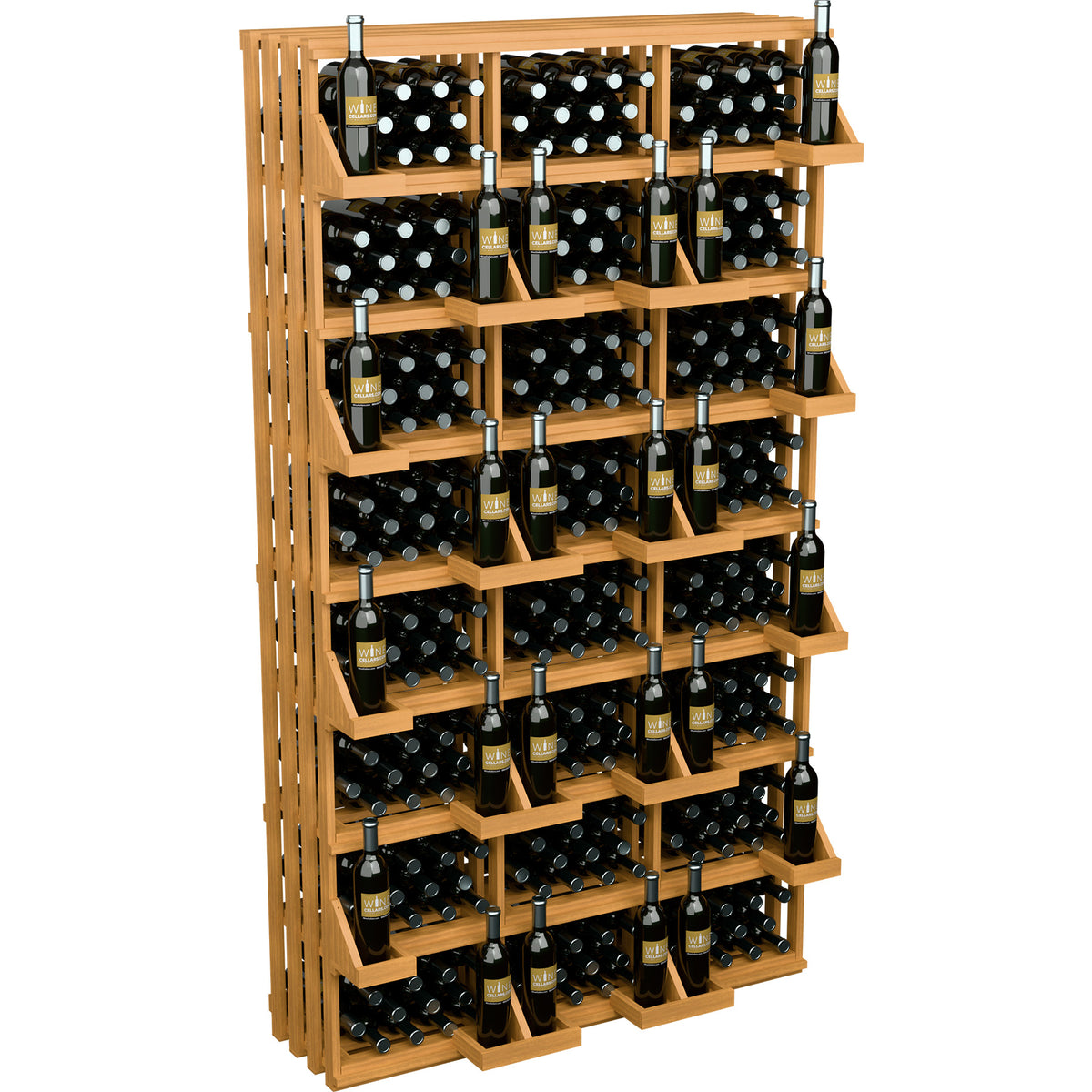 Wood wine bottle wall display rack with evenly spaced shelves of black bottles
