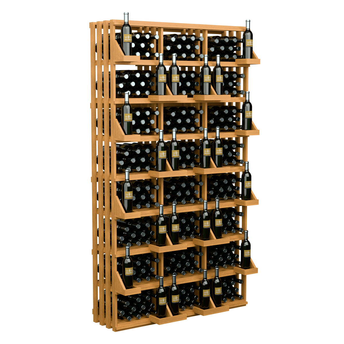 312-bottle commercial wall wine display with tall wooden frame and multi-level bottle racks