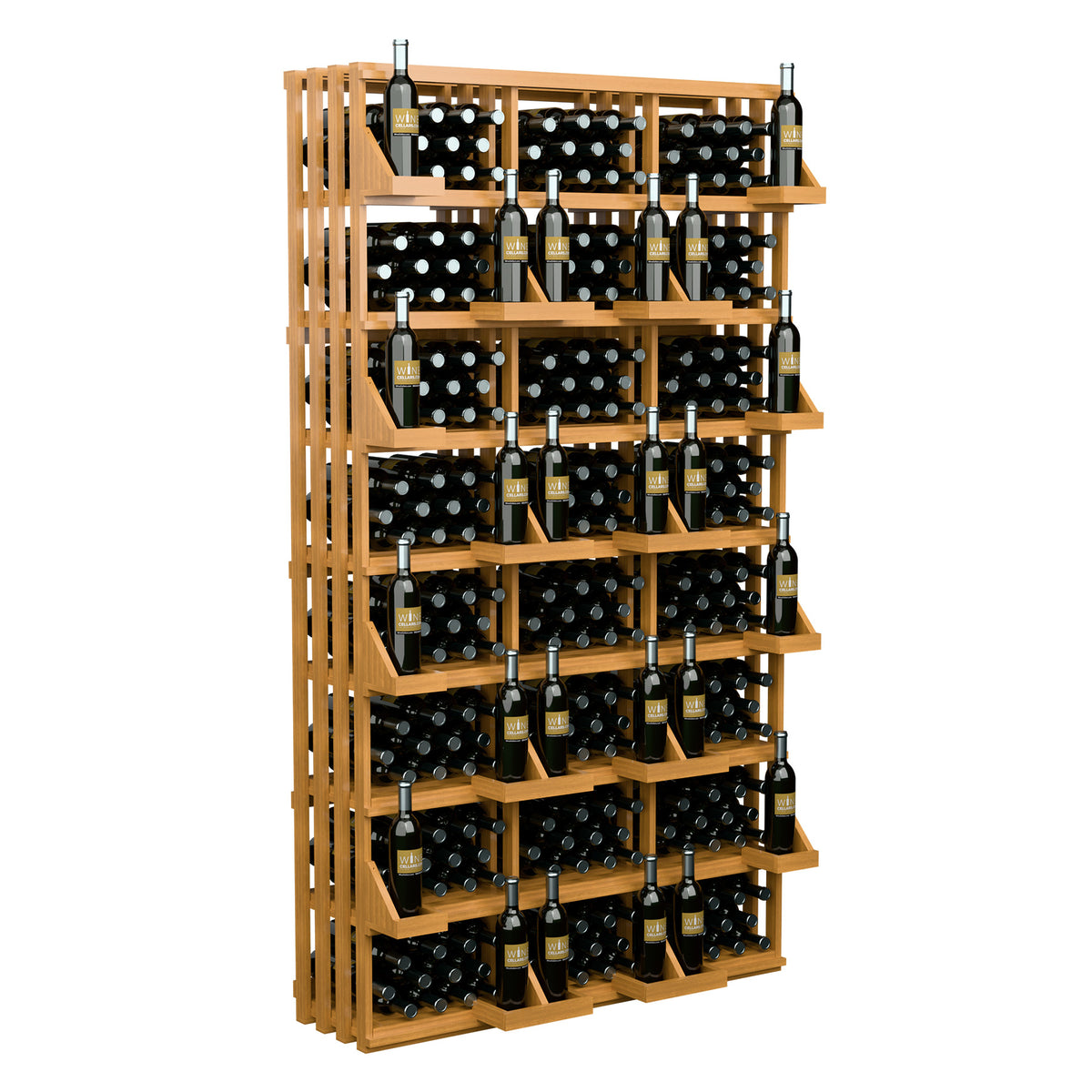 Light wood wine bottle wall display with open bulk bins and bottles in rows