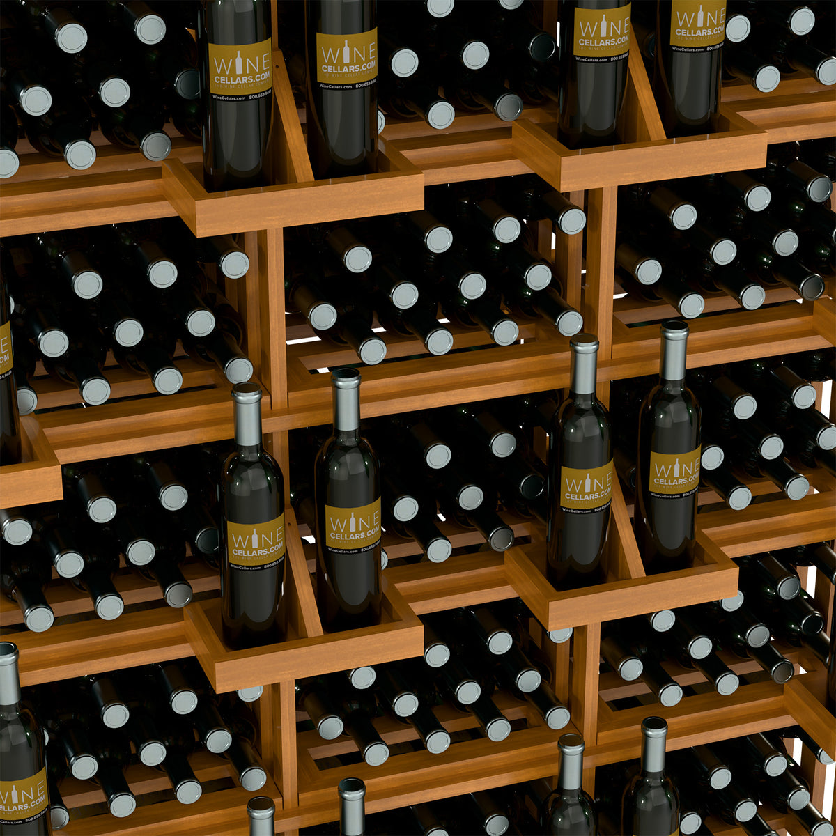 Natural wood wine bottle wall display with open shelves and bulk bin storage