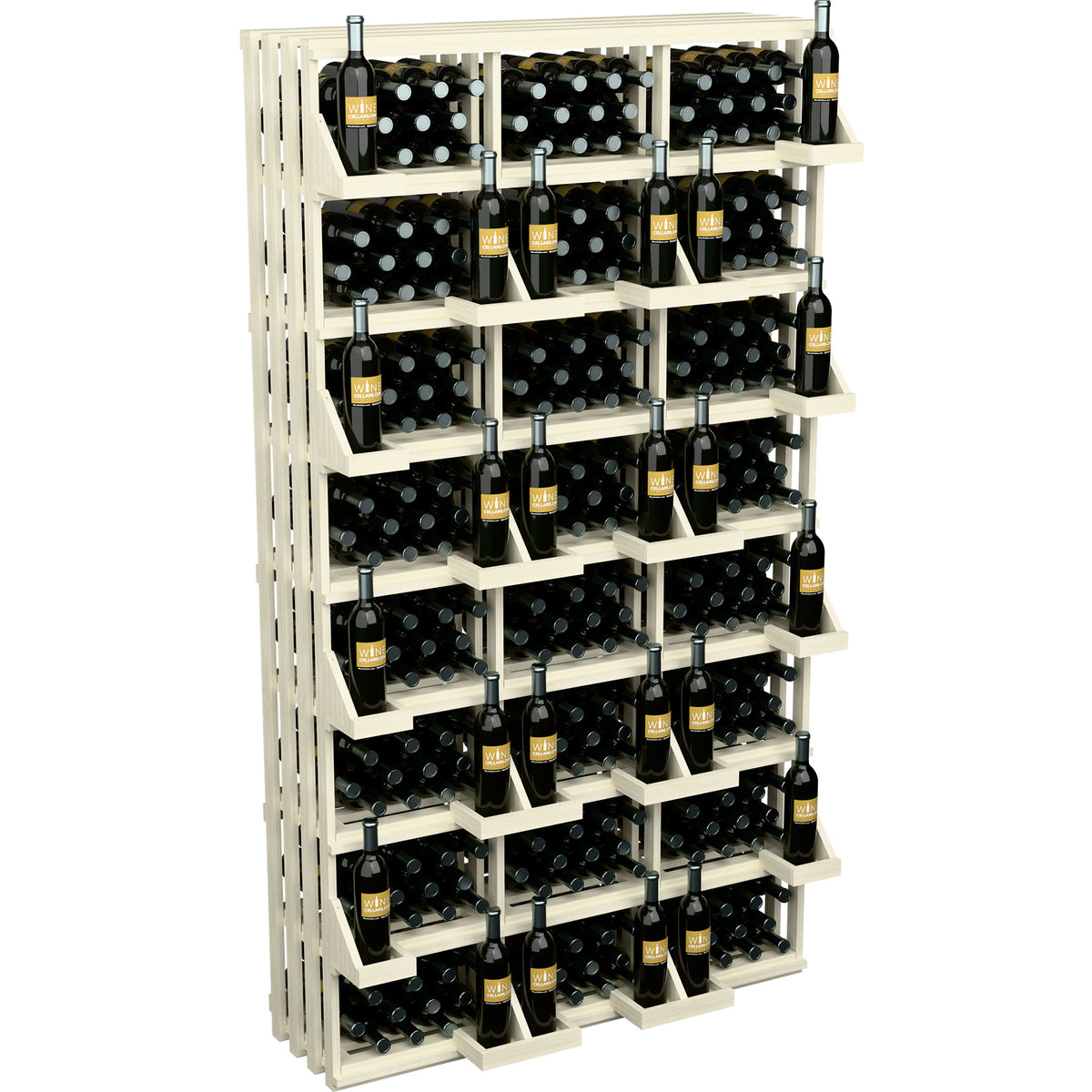 Light wood wall wine bottle display rack with stacked open shelves for bottles