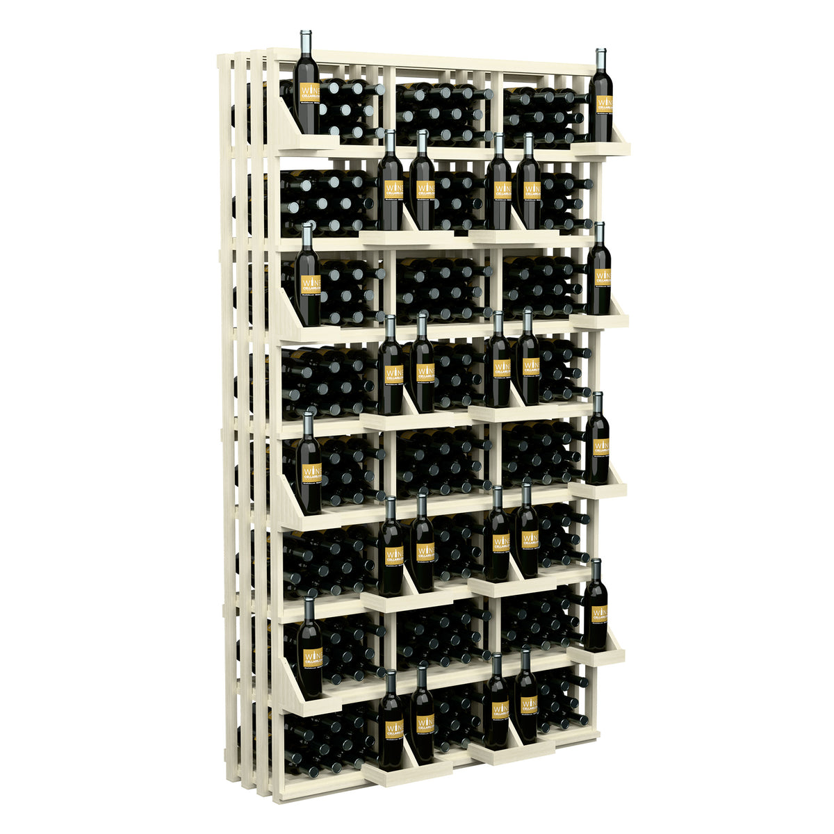 Light-colored commercial wall wine display rack with stacked shelves for many bottles