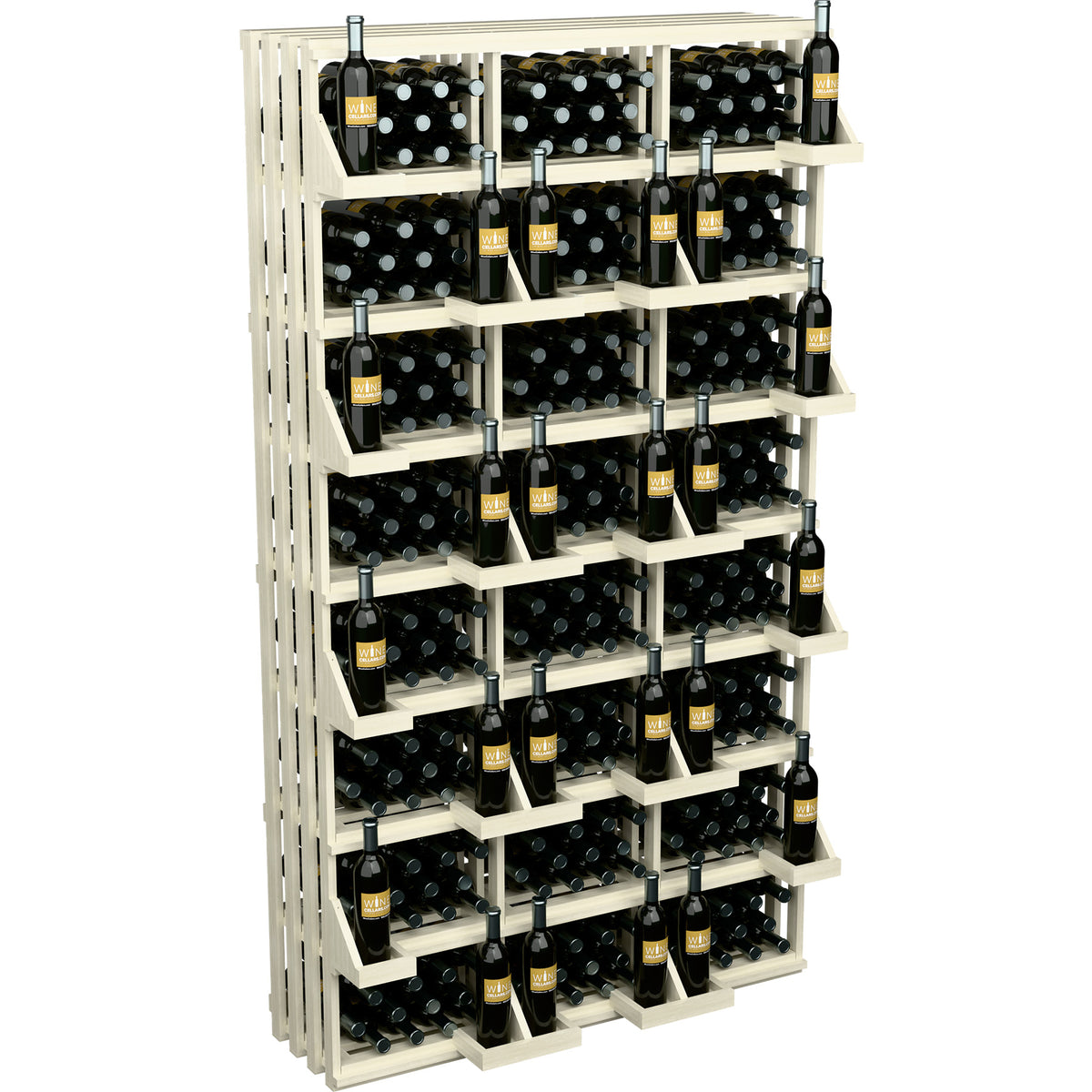 White wood wine bottle display rack with open bulk bins and neatly arranged bottles