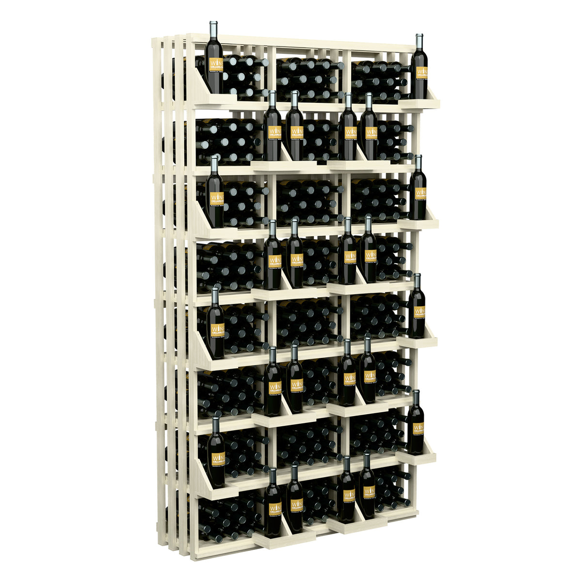 White wine bottle wall display unit with open bulk bins and multiple filled shelves