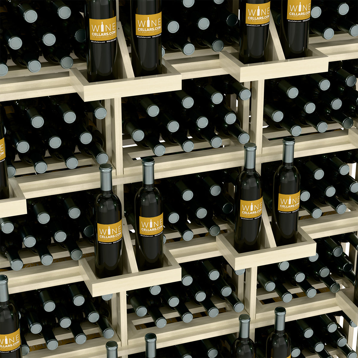 Natural wood wine bottle wall display with open shelves and bulk bin bottle storage