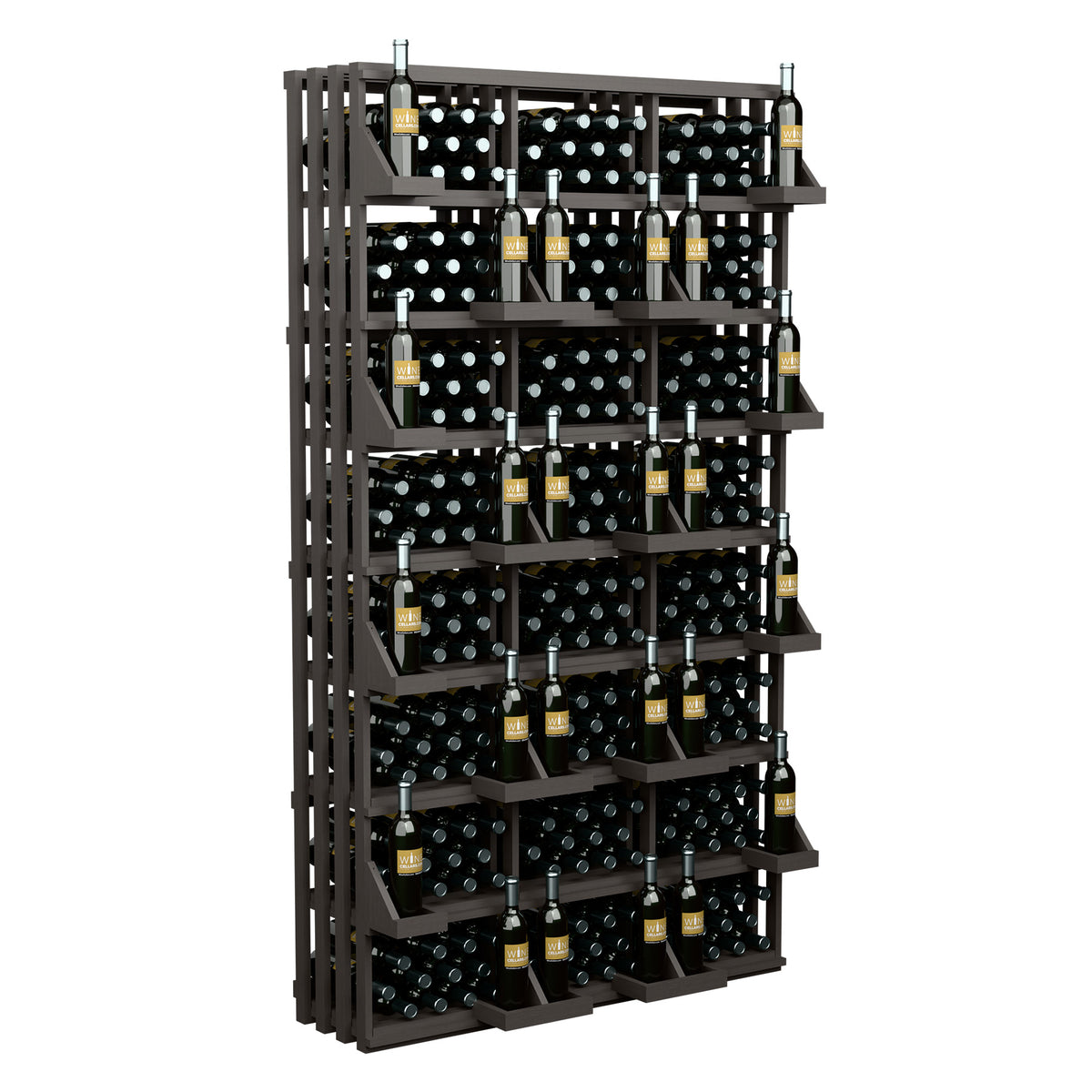 Wine bottle wall display rack with dark frame, stacked bottle compartments, and top bottles