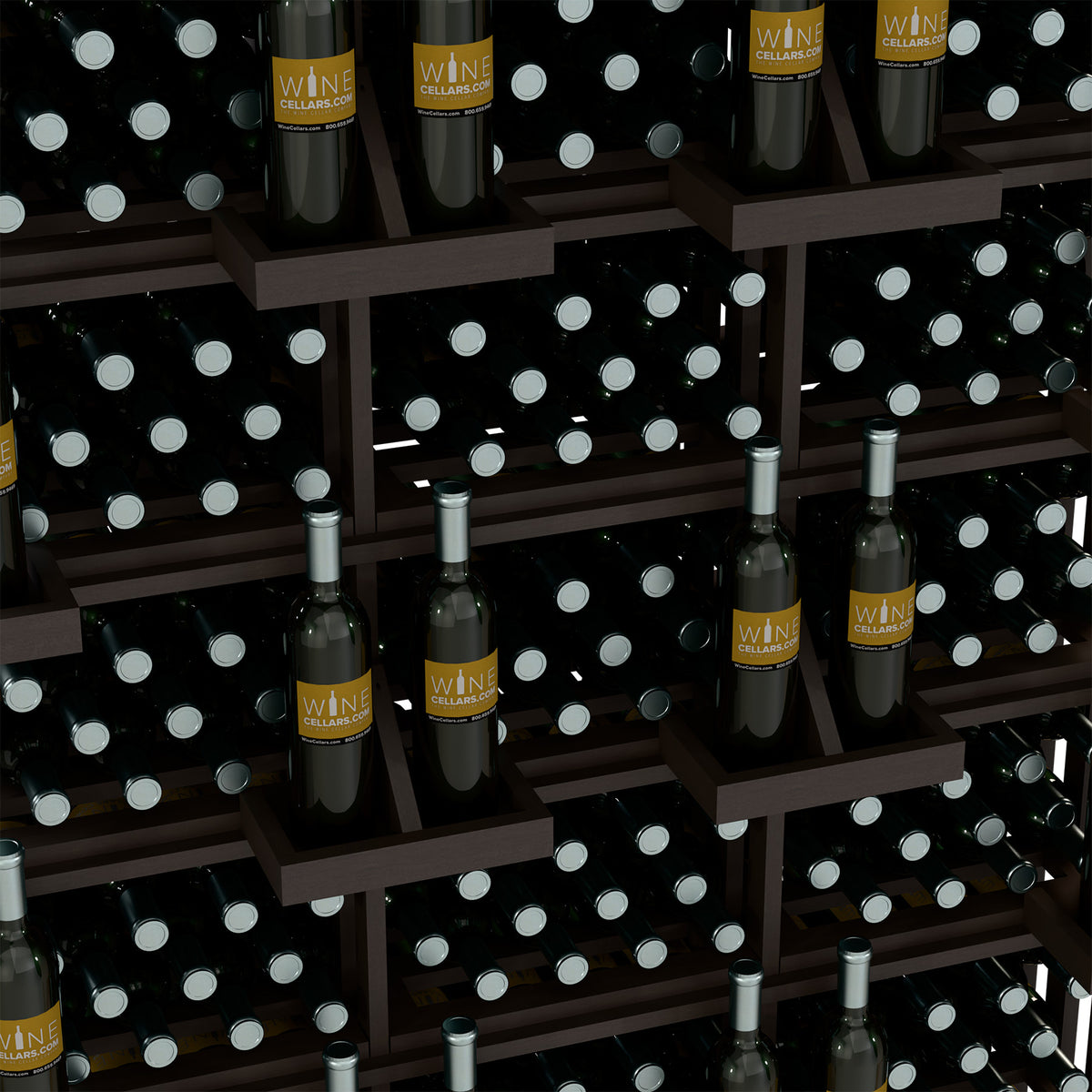 Close-up of wine bottle compartments in a dark rack with evenly spaced bottle rows