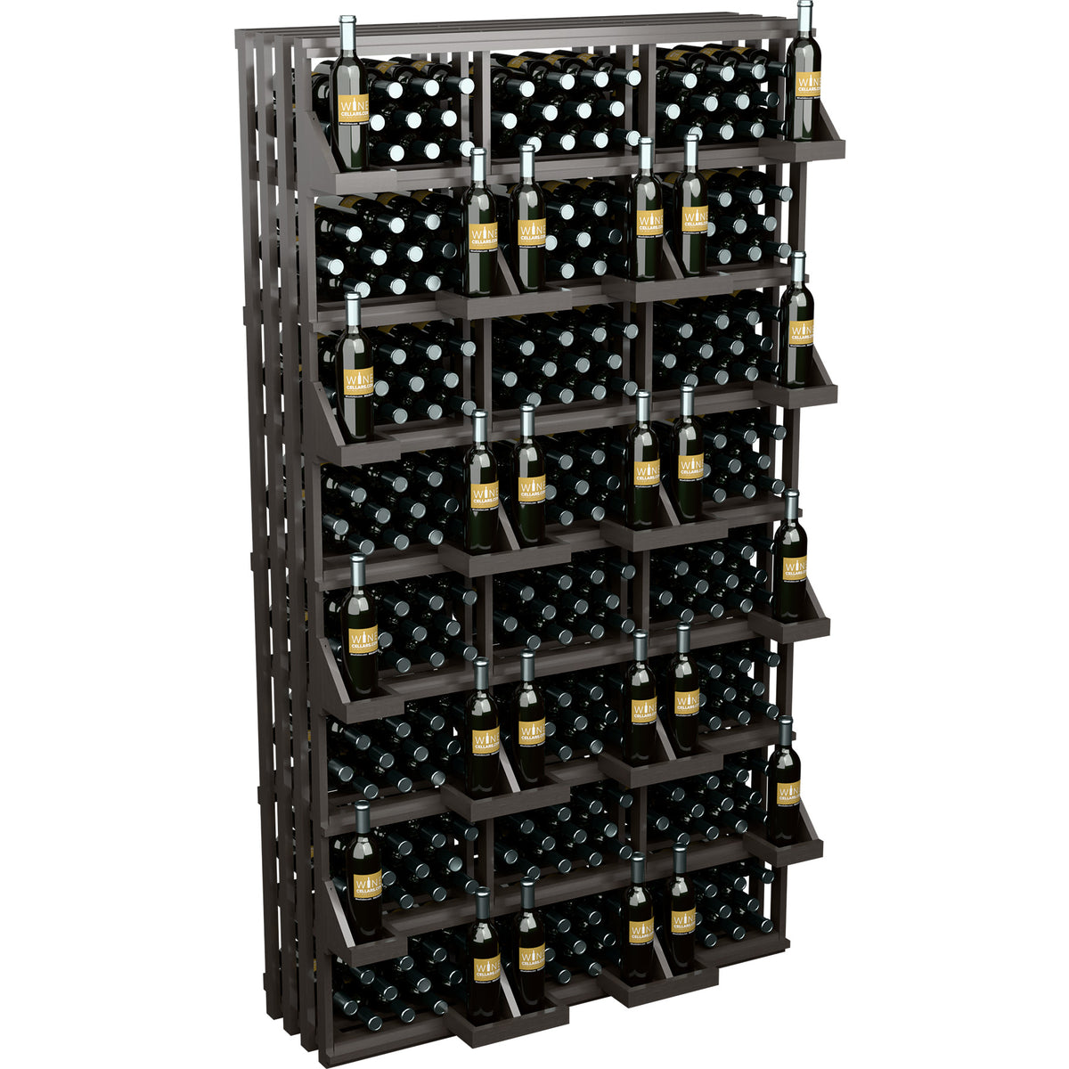 Commercial wall wine bottle display rack with black shelves and bottles