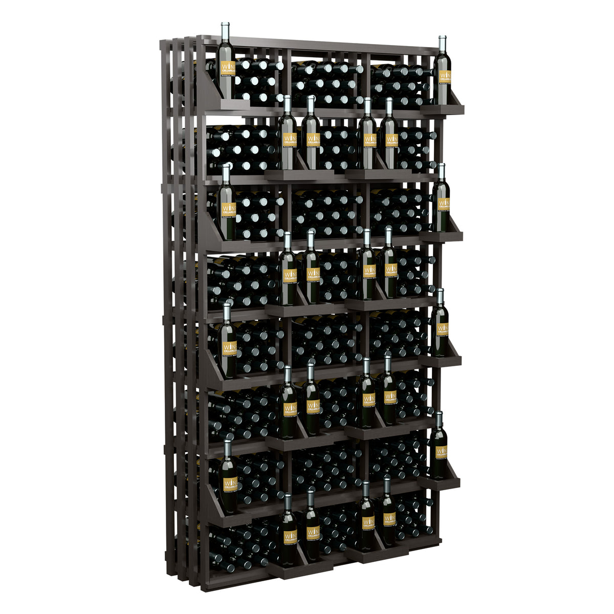 Commercial wall wine bottle display rack with dark shelves and full bottle rows