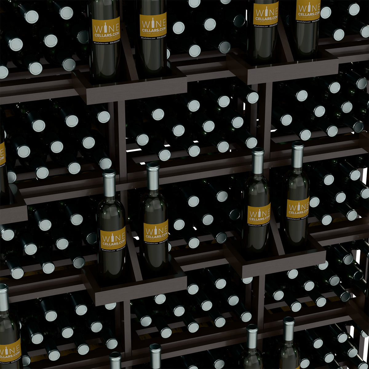 Wine bottle display shelf with black bottles in a brown wooden grid