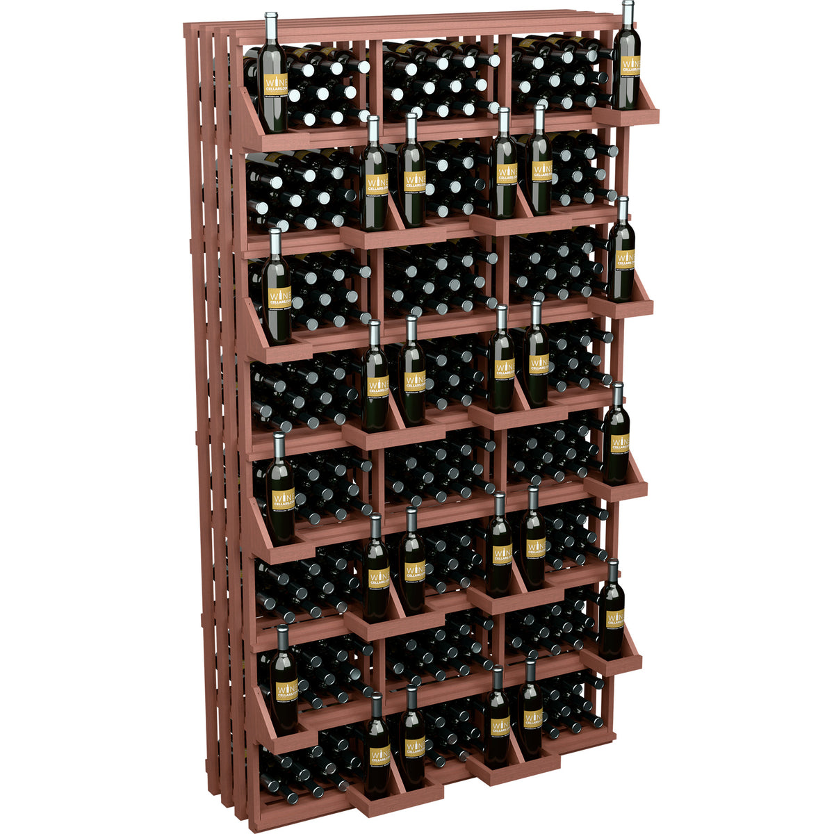Wood wall wine display rack with multiple bottle slots and bulk bin shelves, holds many bottles