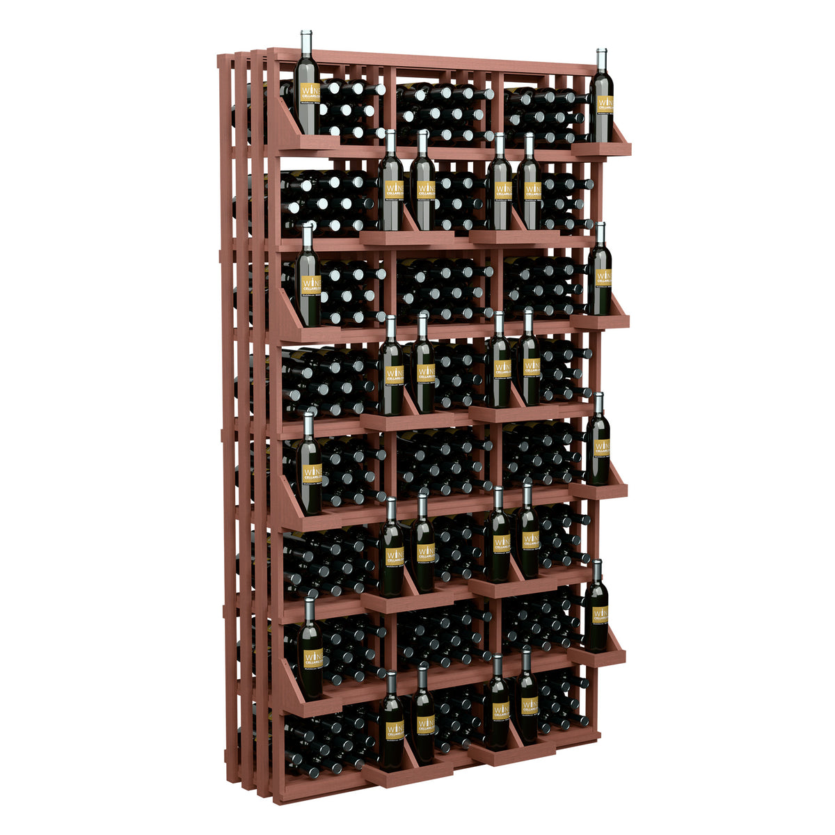 Reddish-brown wood wine bottle display rack with multiple bottle rows