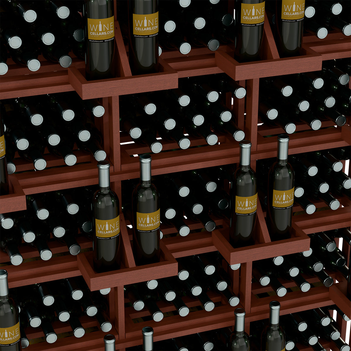 Wine bottle wall display close-up with open shelves and many dark bottles