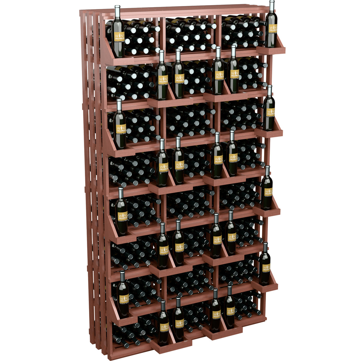 Commercial wall wine bottle display rack with reddish-brown shelves and bottles