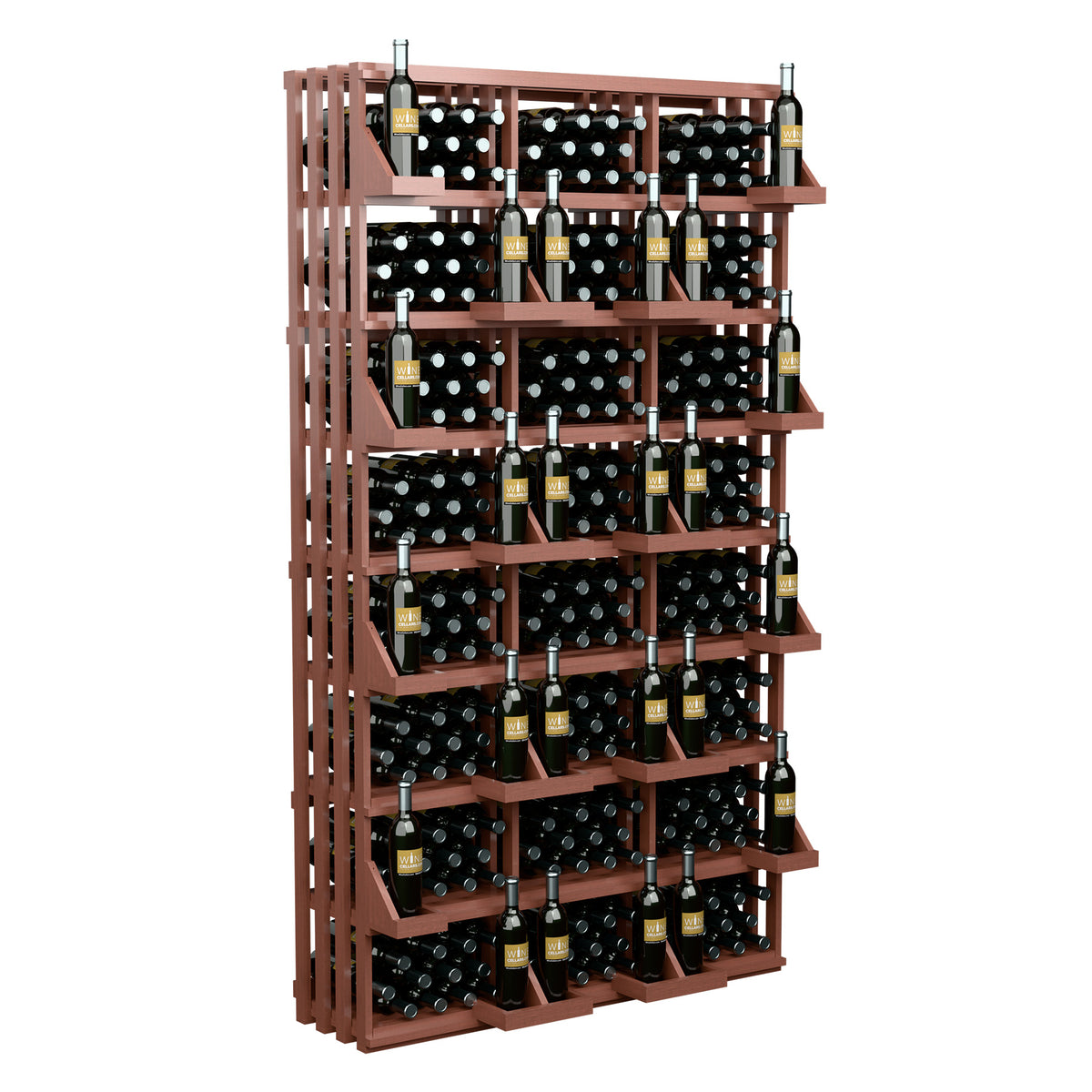 Commercial wall wine bottle display rack with warm wood shelves and bottles