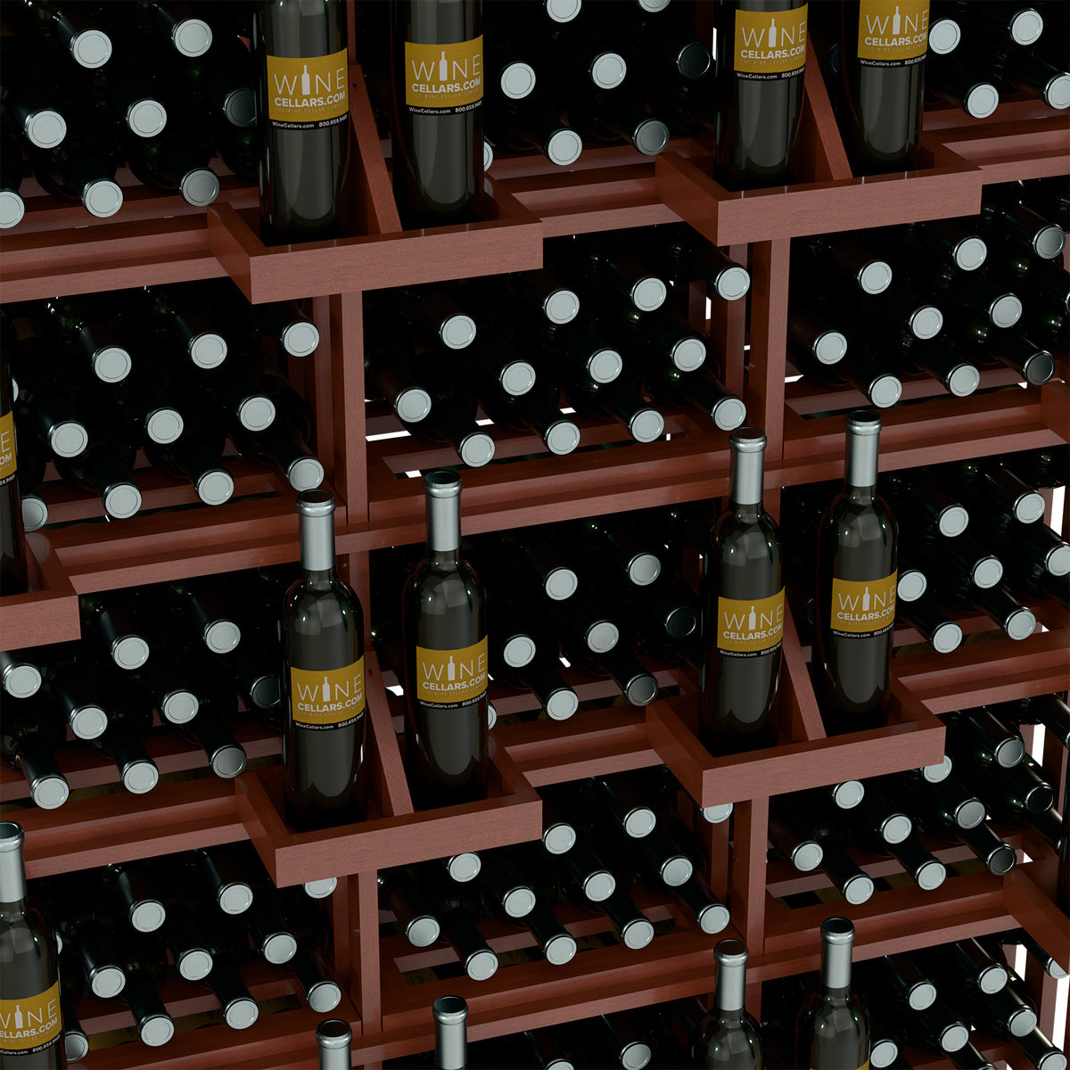 Wine bottle display shelf with bottles packed in a reddish-brown grid