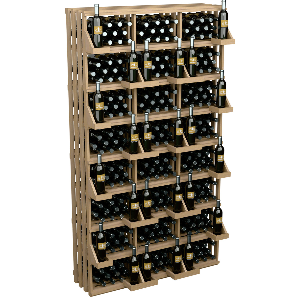 312-bottle commercial wall wine display with front-facing wooden shelves and bottle holders