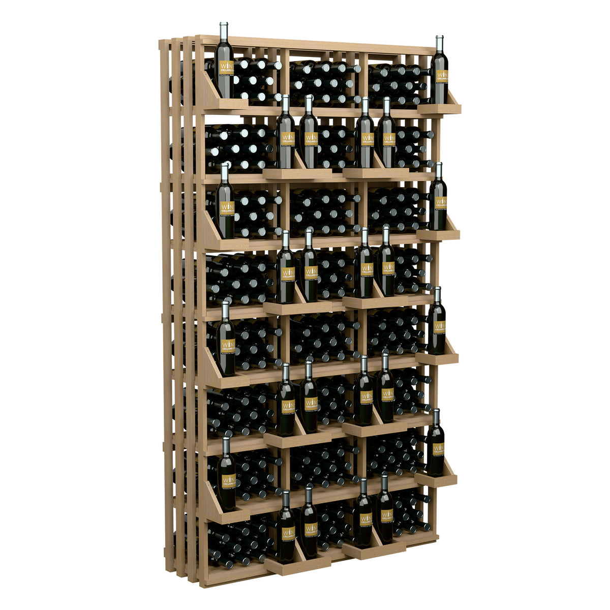 Light wood wine bottle wall display with bulk bins, filled with capped bottles in rows.