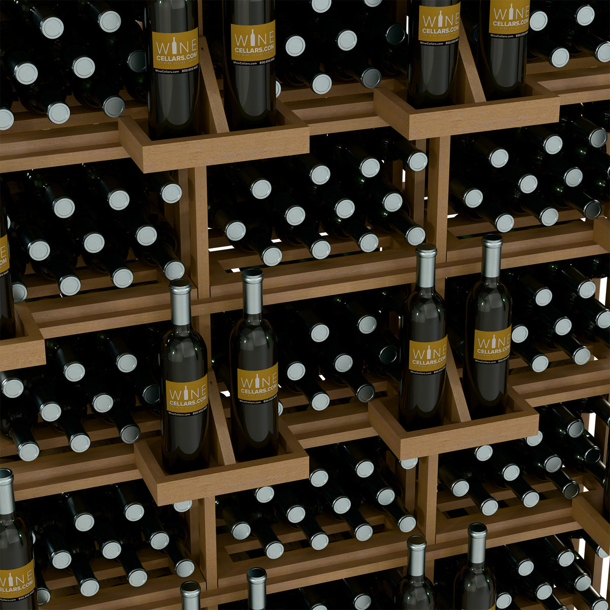 Close-up of wood shelves holding black wine bottles with gold neck labels