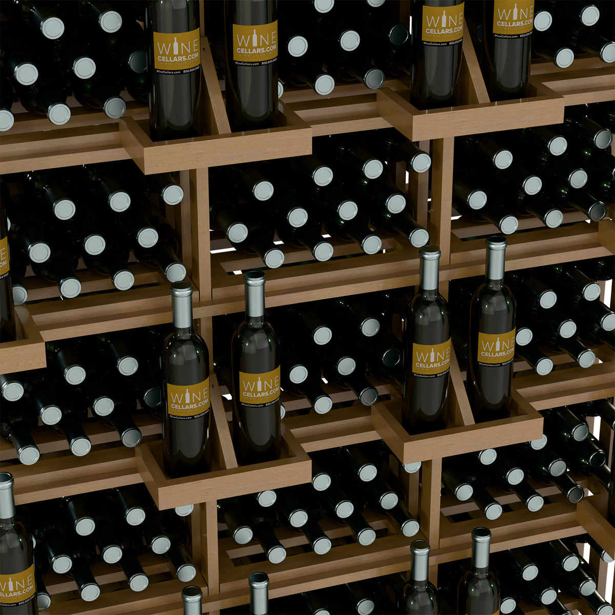 Wine bottle display shelf with bottles in a light wood grid