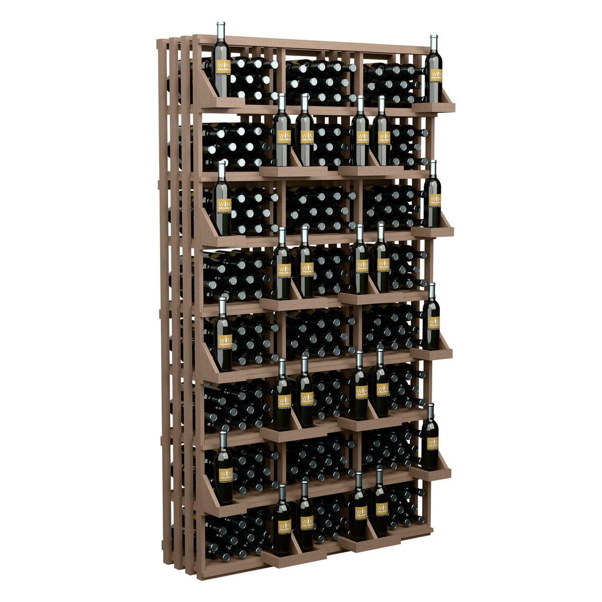 Medium brown wood wine bottle wall display with bulk bins, packed with capped bottles.