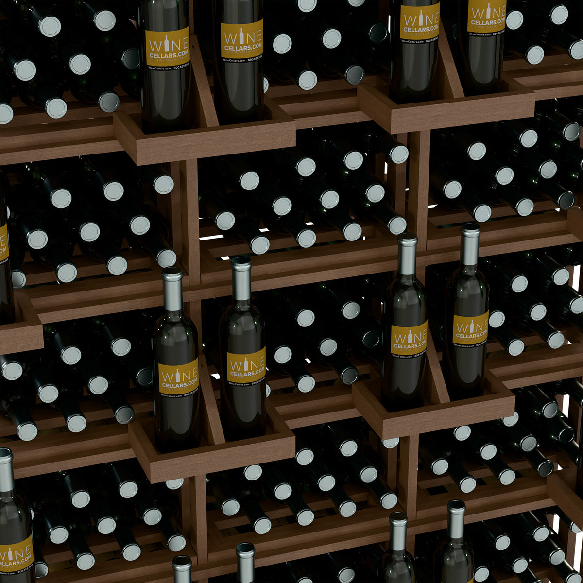 Wine bottle display shelves filled with dark bottles and gold label accents