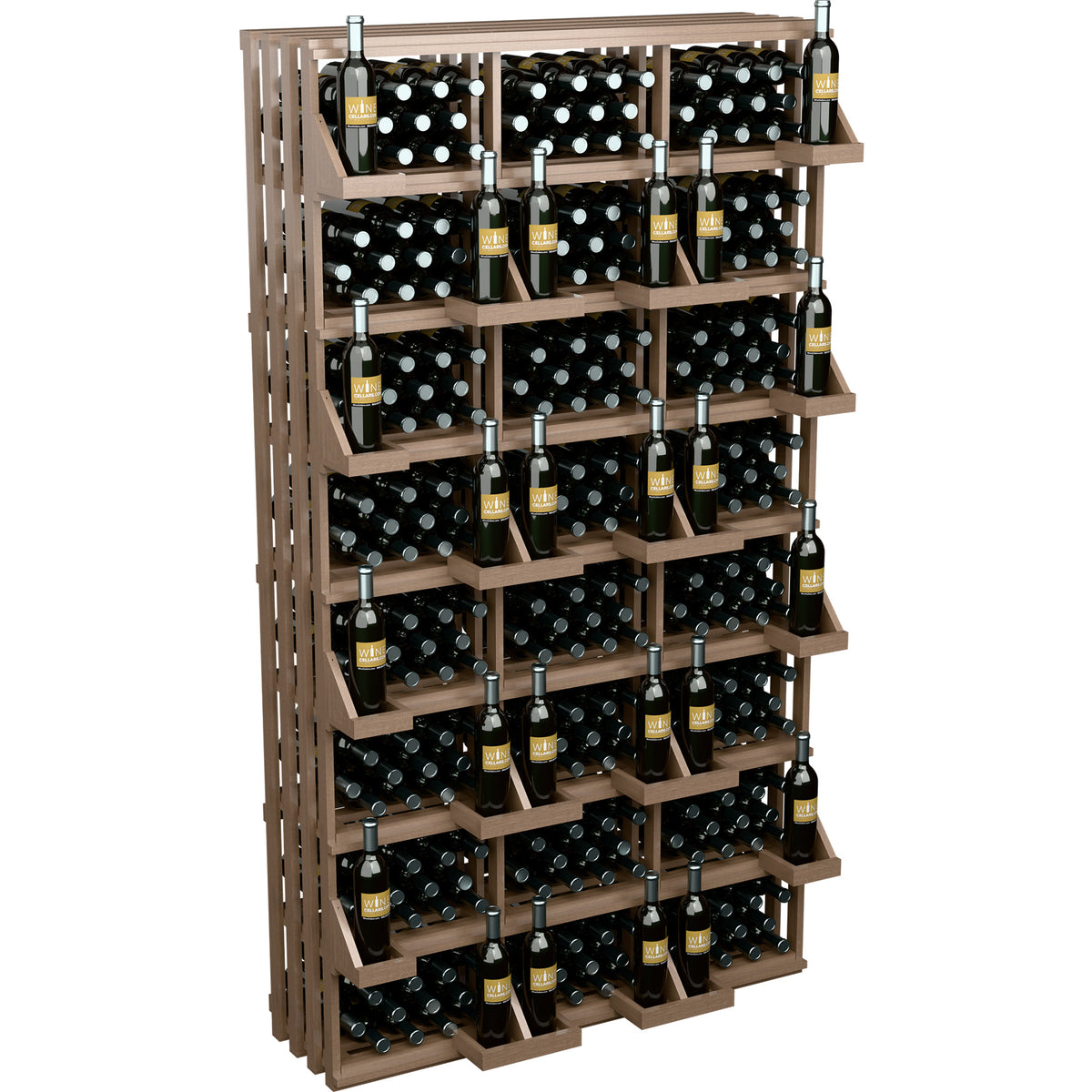 Commercial wall wine bottle display rack with light wood shelves and bottle rows