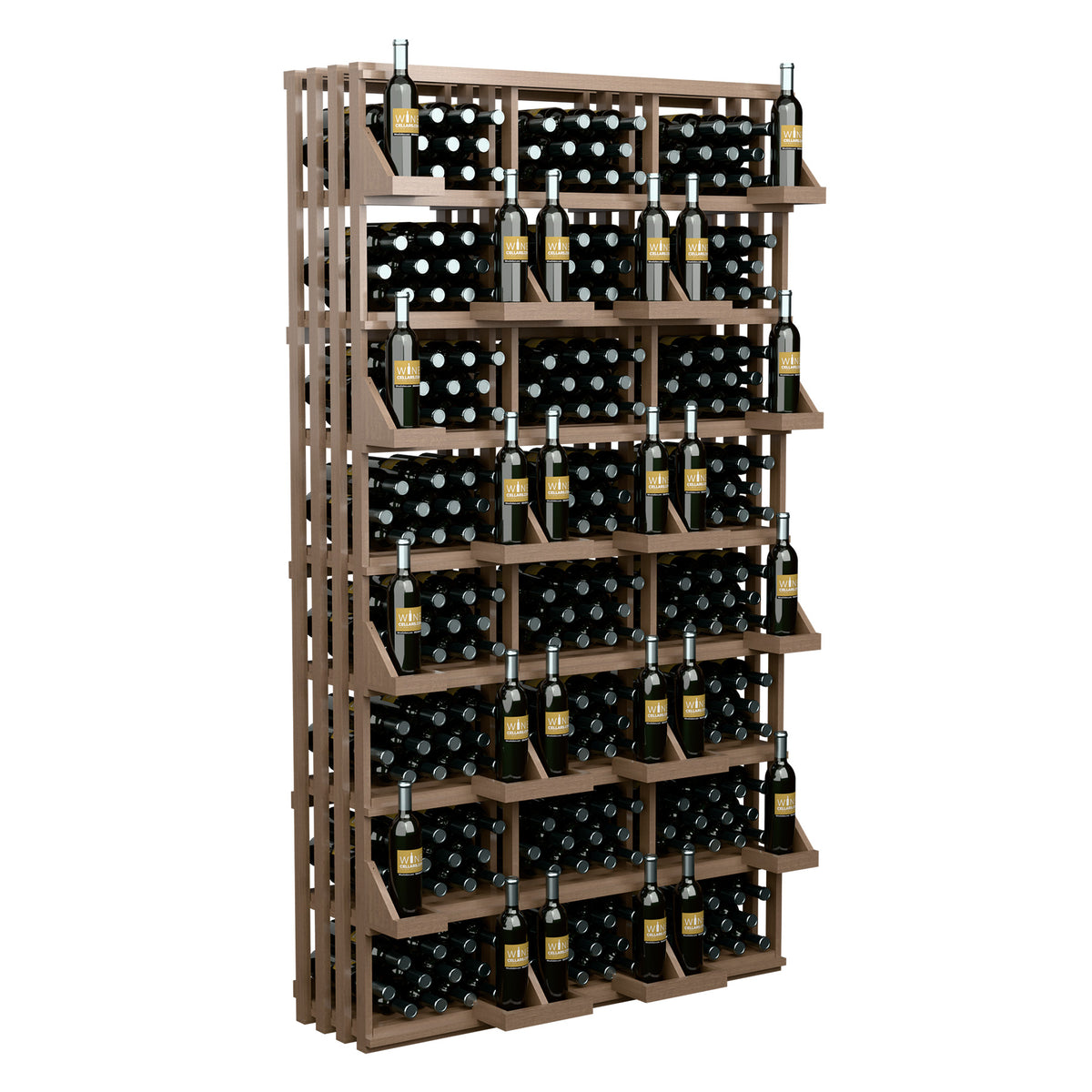 Wood bottle wall display rack with multiple open shelves holding bottles in grid rows