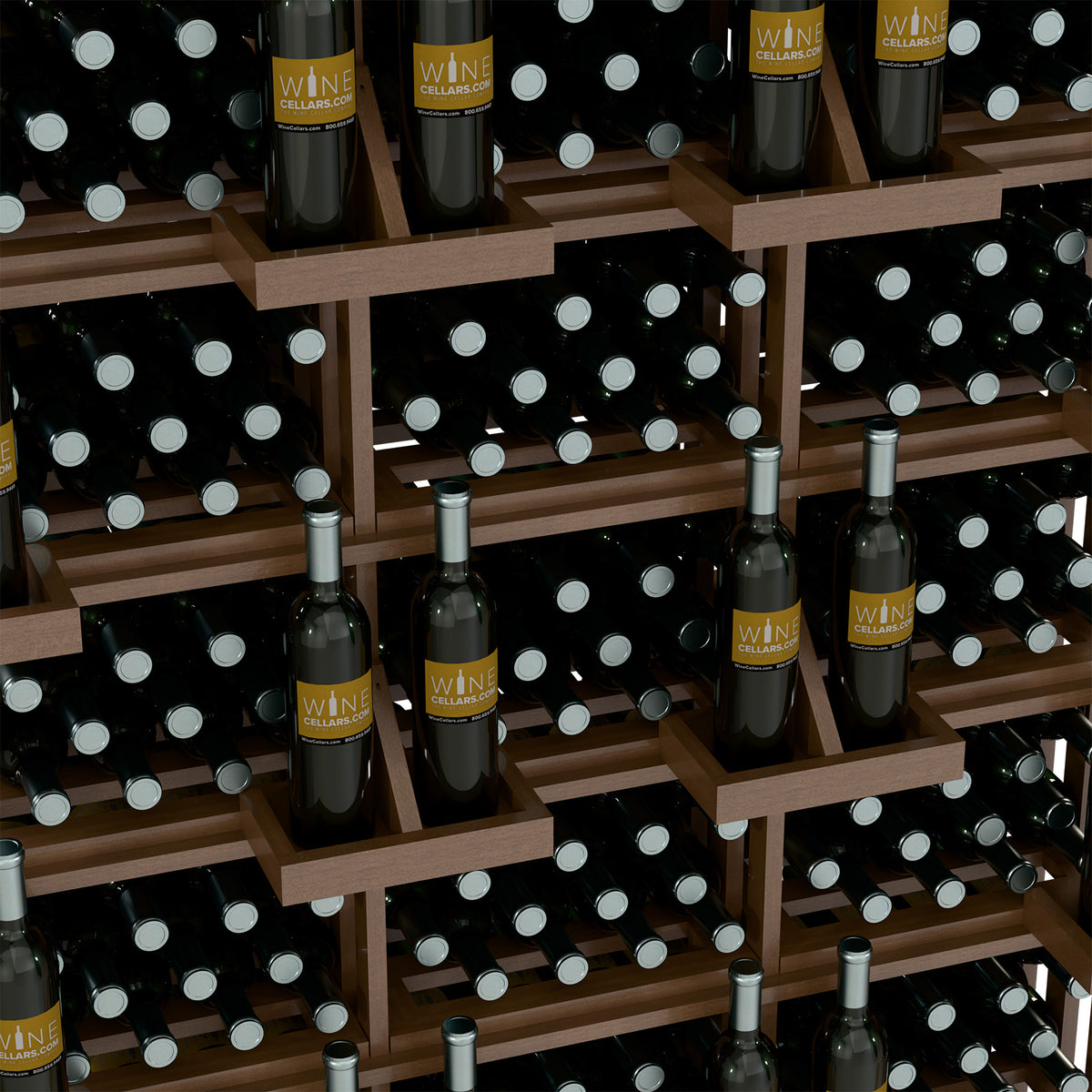 Close-up of wine bottle wall display showing bottles in front-facing bottle slots