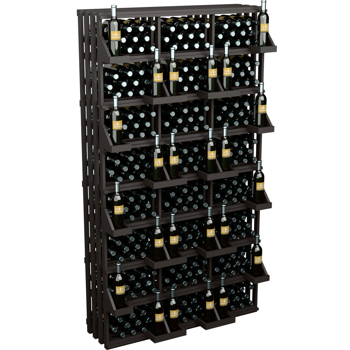 Black wooden 312-bottle wine display rack with grid shelves and bottles