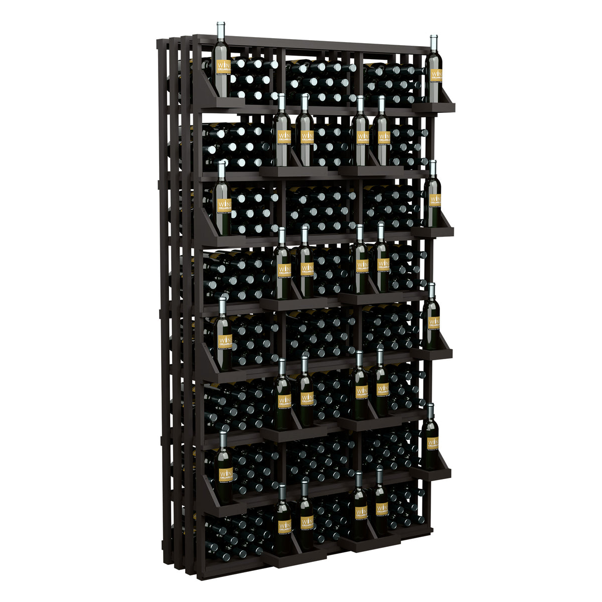 Wall-mounted wine bottle display rack with 6 rows and front bulk bin openings