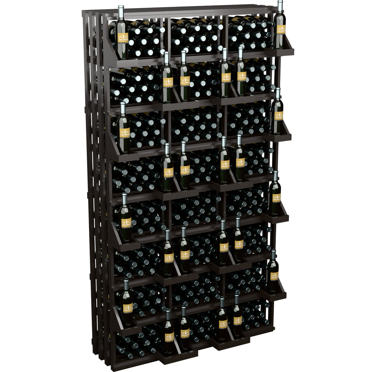 Wood bottle wall display with stacked shelves and bottle holders, front view