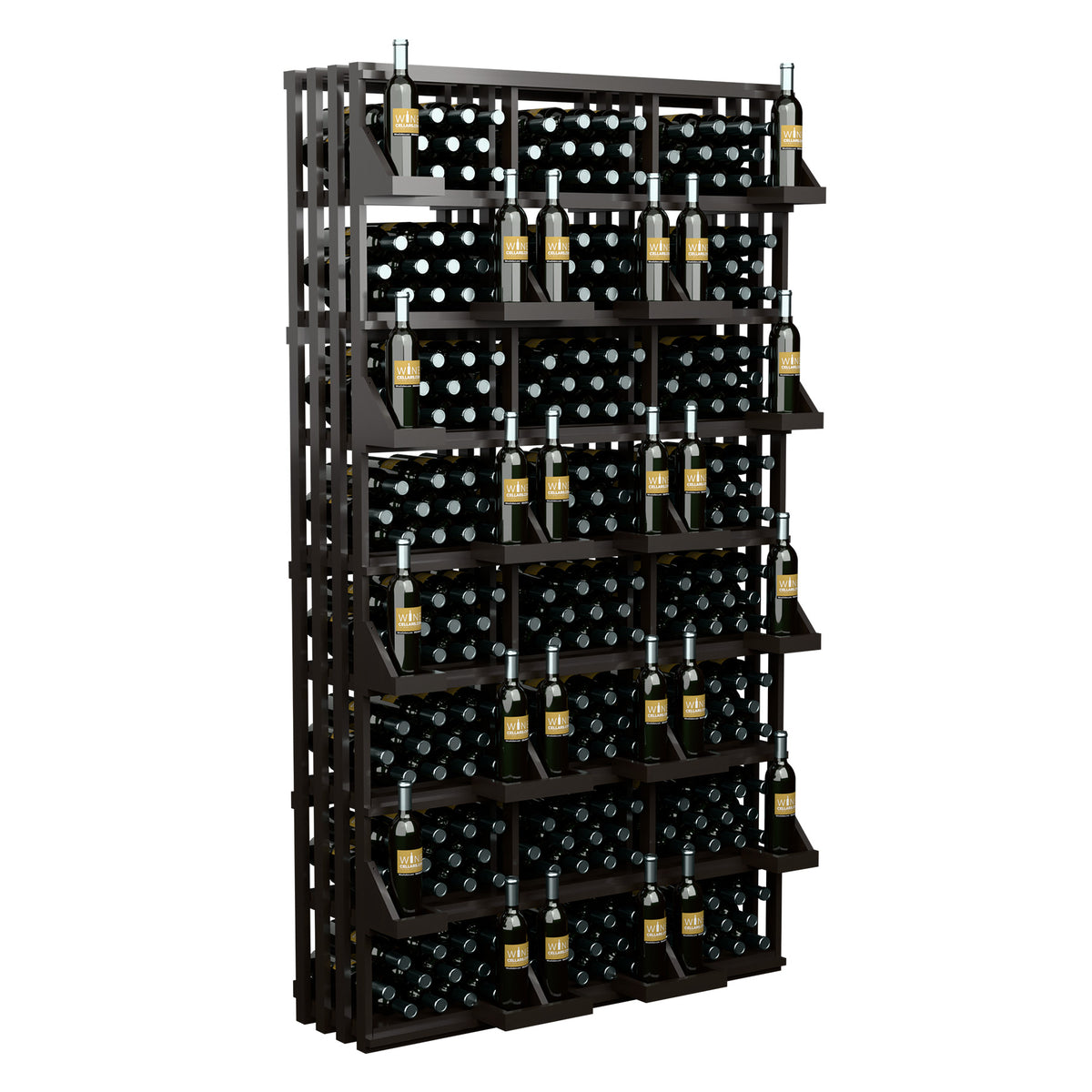 Wine bottle storage wall rack with open cubbies and bottles arranged by shelf