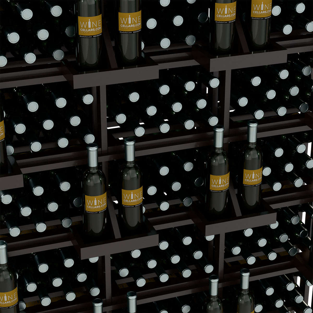 Close-up of wooden bottle rack with black bottle ends and label fronts in rows