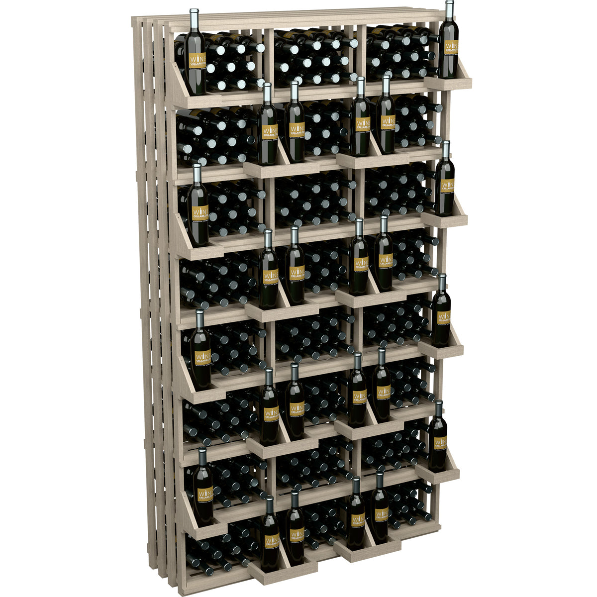 Gray wooden wall wine bottle display rack with multi-tier shelves for wine bottles
