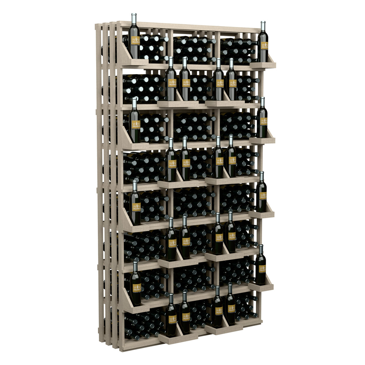 Wine bottle wall display rack with pale frame and rows of bottle slots plus top row