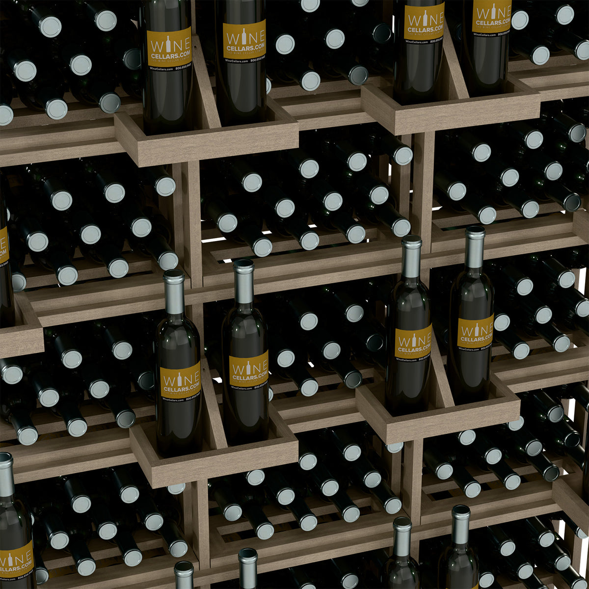 Light wood wine wall display with bottle-filled shelves and angled circular bulk bin slots