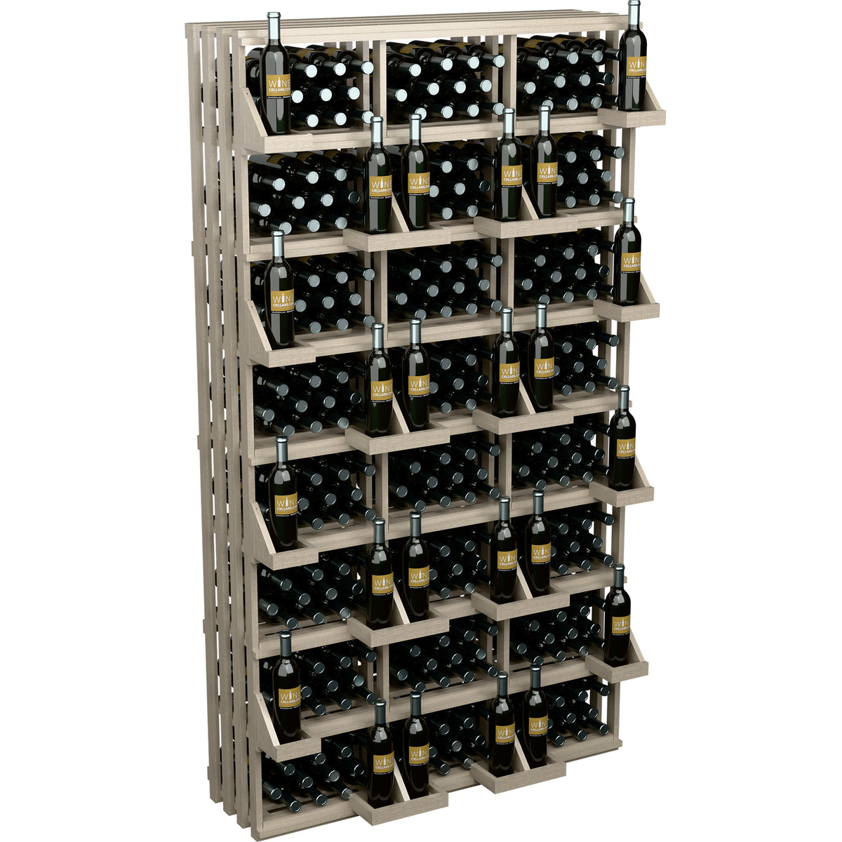 Light wood bottle wall display rack with stacked shelves and bottle slots