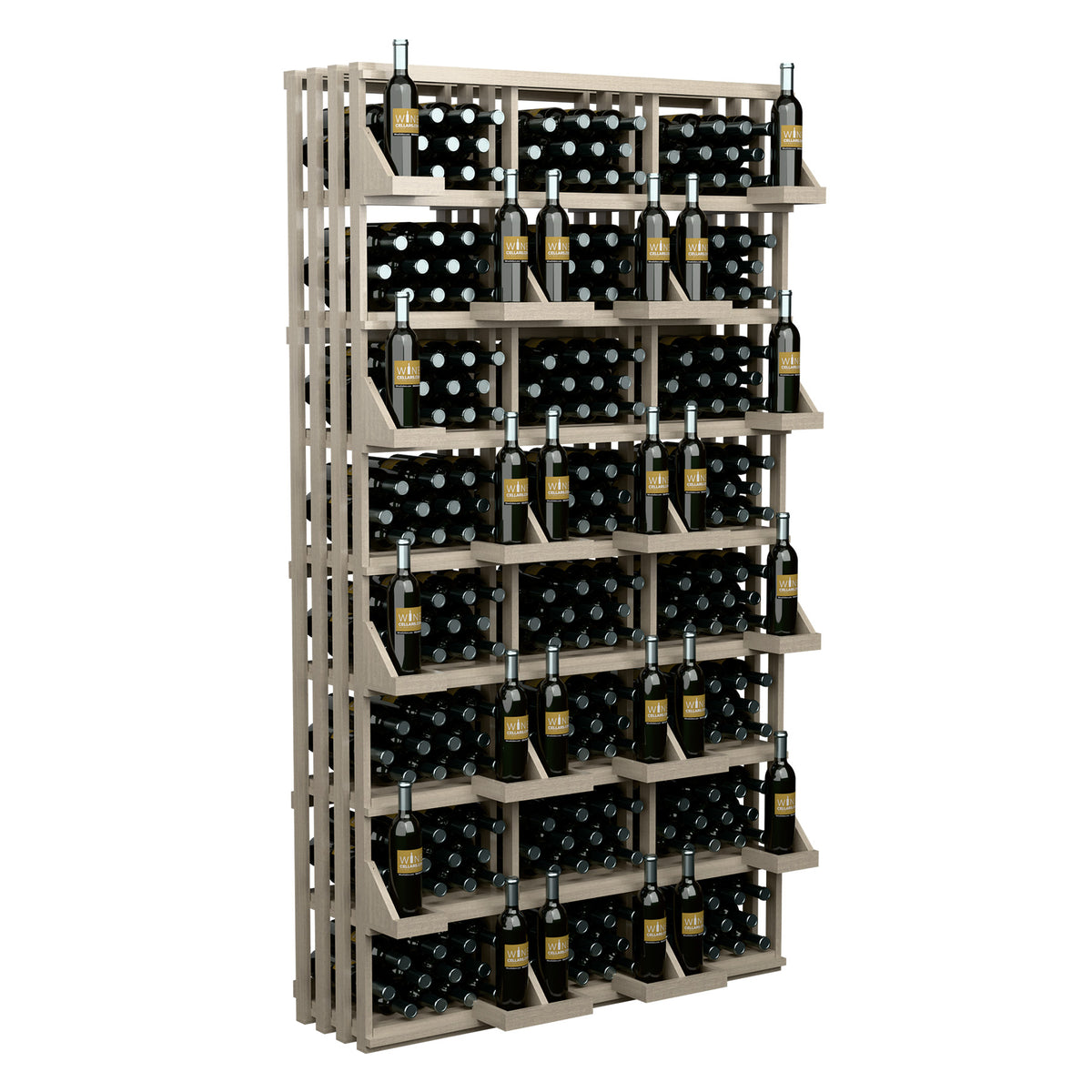 Front view of light wood wine bottle storage wall rack with multiple shelves